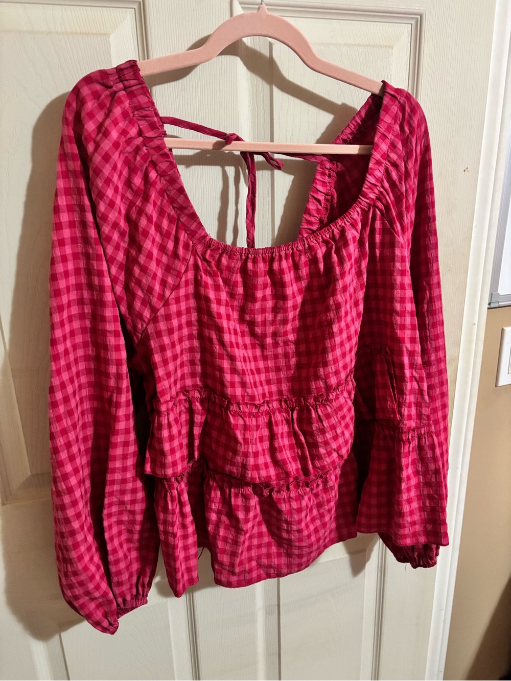 SHEIN Pink Gingham Peplum Long-Sleeve Tunic